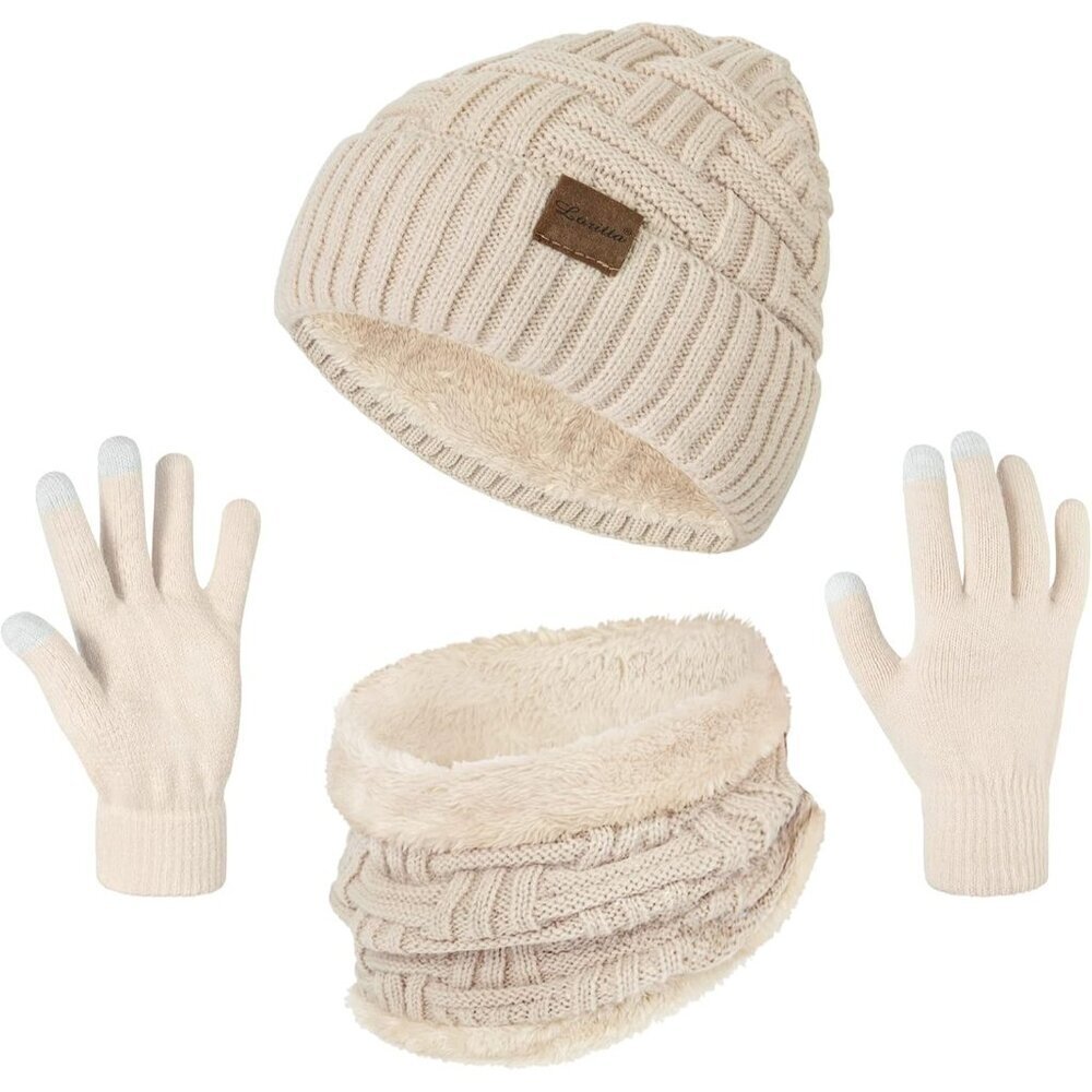 3-Piece Winter Hat Gloves Scarf Set Knit Thick Warm Fleece Casual Fashion